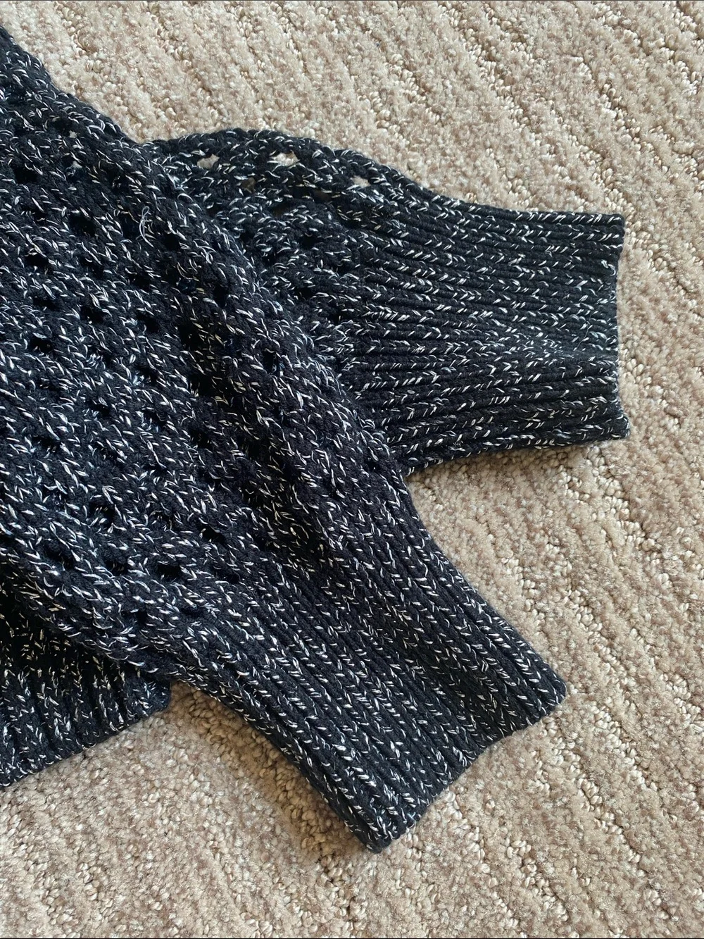 Bar III Metallic Silver and Black Crochet Crewneck Oversized Slouchy Sweater